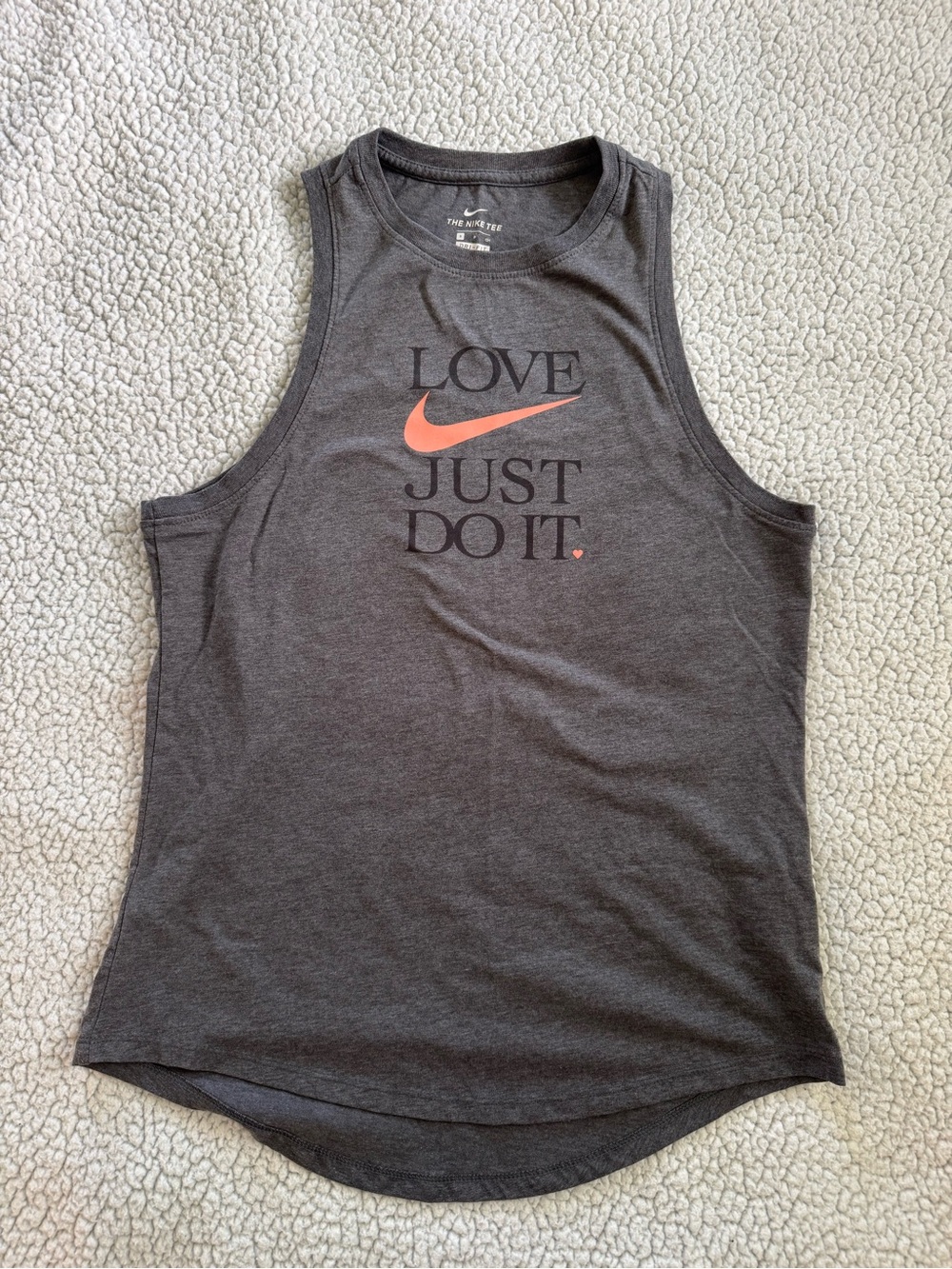 Nike Charcoal Gray Tank with Coral Swoosh 'Love Just Do It'